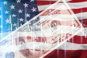 Us,Economy.,Franklin,Portrait,Next,To,The,Flag.,Financial,Market
