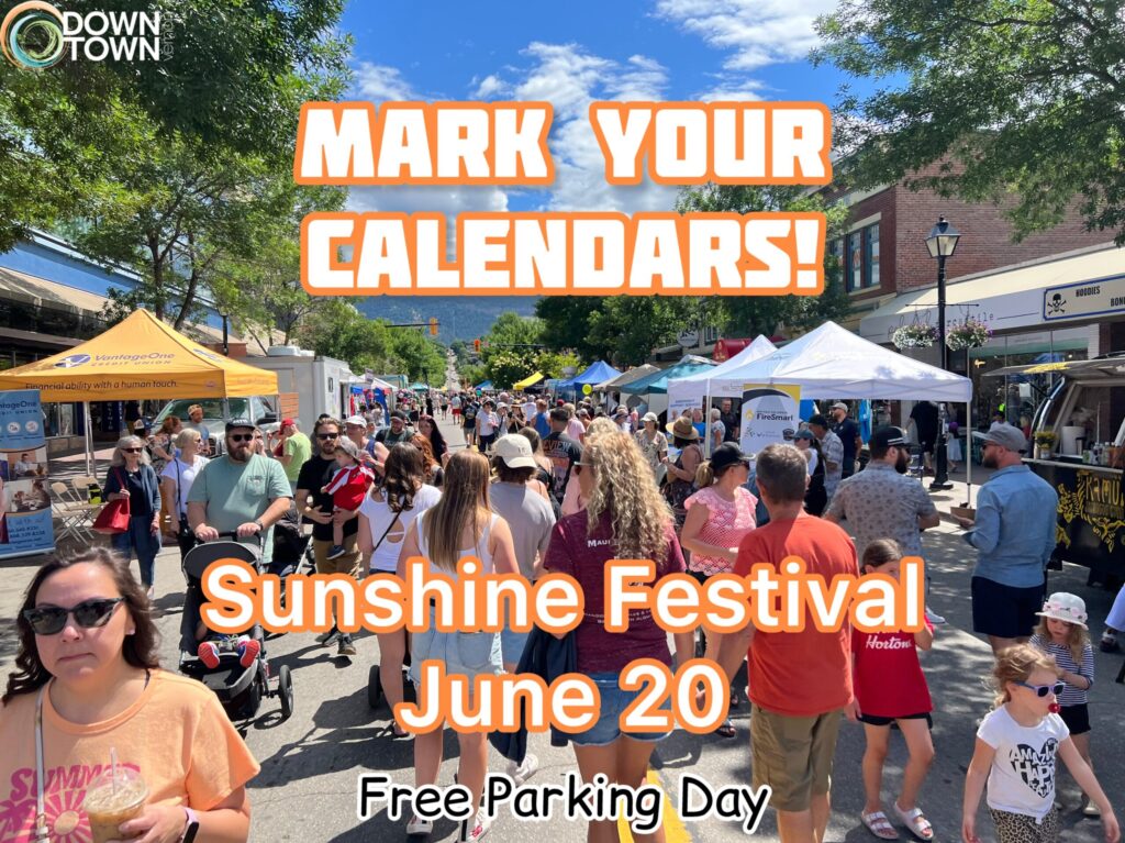 Sunshine Festival, event notice, June 20, 2026, from 10am to 5pm. Located in Downtown Vernon, BC. FREE Parking Day. Downtown Vernon Association
