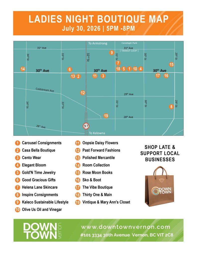 DVA Ladies Night Boutique Map 2026 showing locations of participating businesses on July 20, 2026 from 5-8pm.
