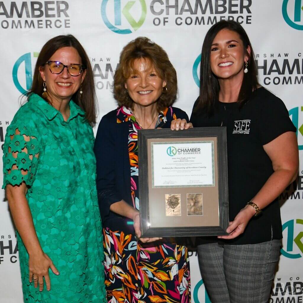Julie Non-Profit of the Year winner, Habitat for Humanity of Kershaw County with Director Julie Trott, Amy Kinard (L) and representing award sponsor SAFE Federal Credit Union Amanda Reed.