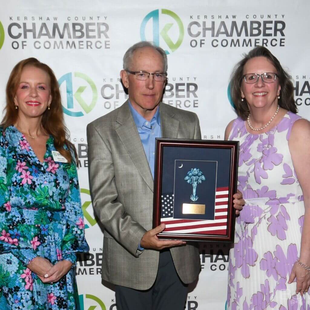President President's Award winner, John Cushman with Chamber Board Chair, Stacy Collier (L) and Representing Sponsor MUSC Health, Dr. Tullie Holmstrom (R)