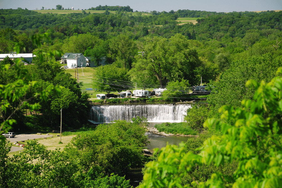 Aerial view of the Historic Stone Dam in Lanesboro