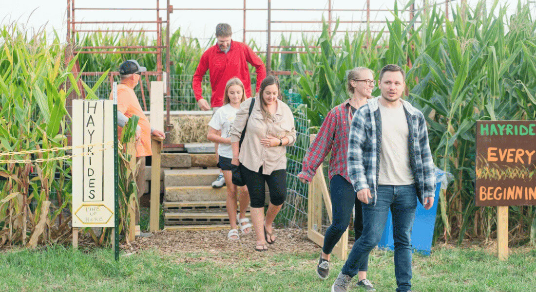 People exiting the hay ride at Big Springs Pumpkin Farm in Lanesboro, MN