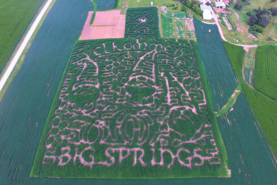 Aerial view of the corn maze at Big Springs Farm