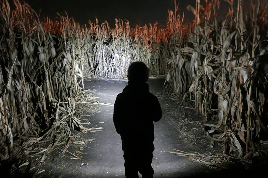 A child does the flashlight maze at Big Springs Farm Pumpkins & Corn Maze.