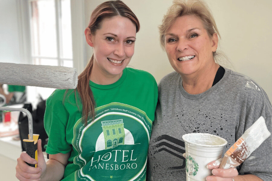 Owner Chelsey Skelly and her mom putting the finishing touches after the renovations of Hotel Lanesboro