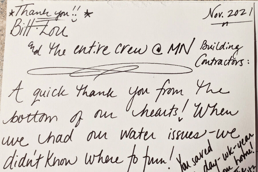 A thank you note from a customer of Minnesota Building Contractors.