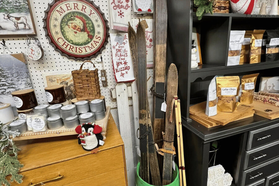 A holiday gift display at Bee Balm Boutique in Harmony, MN