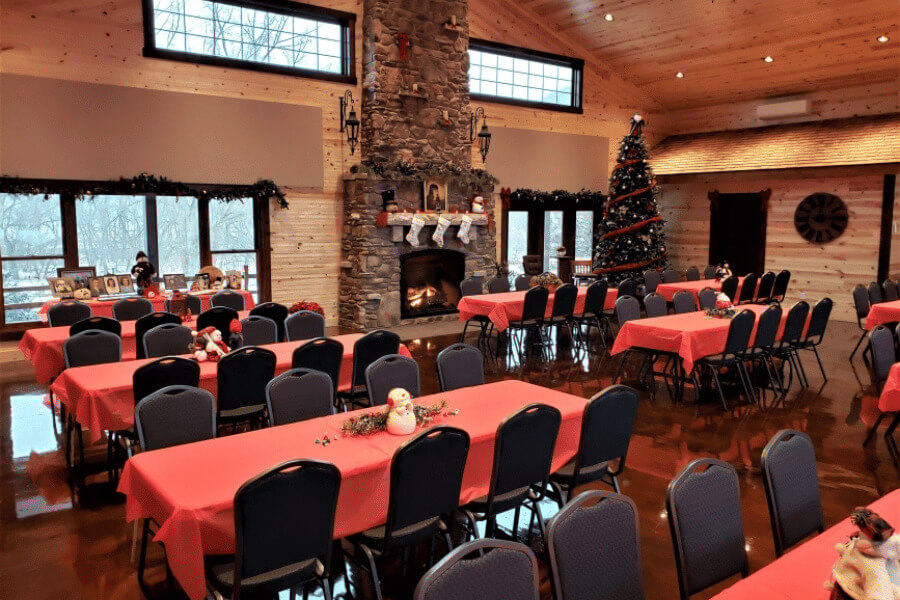 The Rustic Hearth Retreat Center decorated for the holidays at Cedar Valley Resort in Whalan, MN