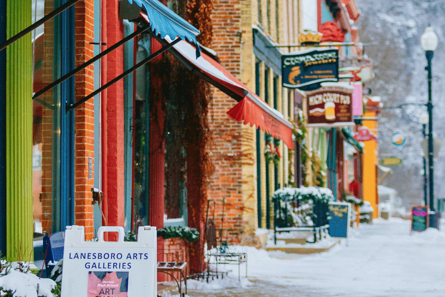 Downtown Lanesboro, MN storefronts during winter