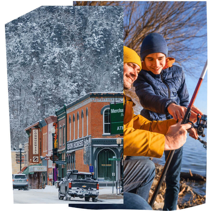 Two images showing winter scenes