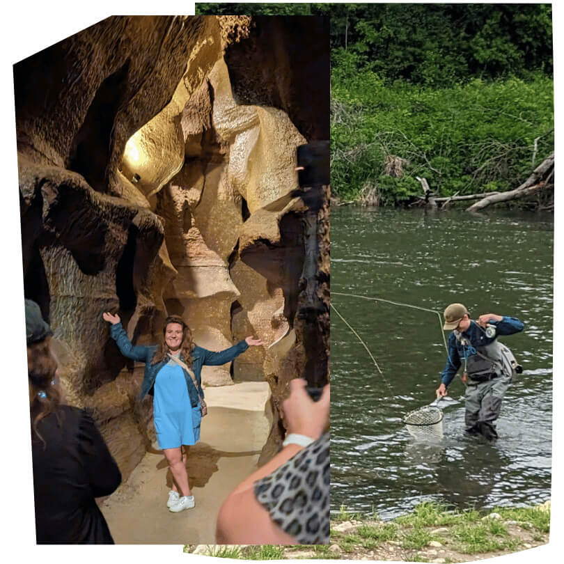 Two images showing a cave and fly fishing to represent the Driftless Area