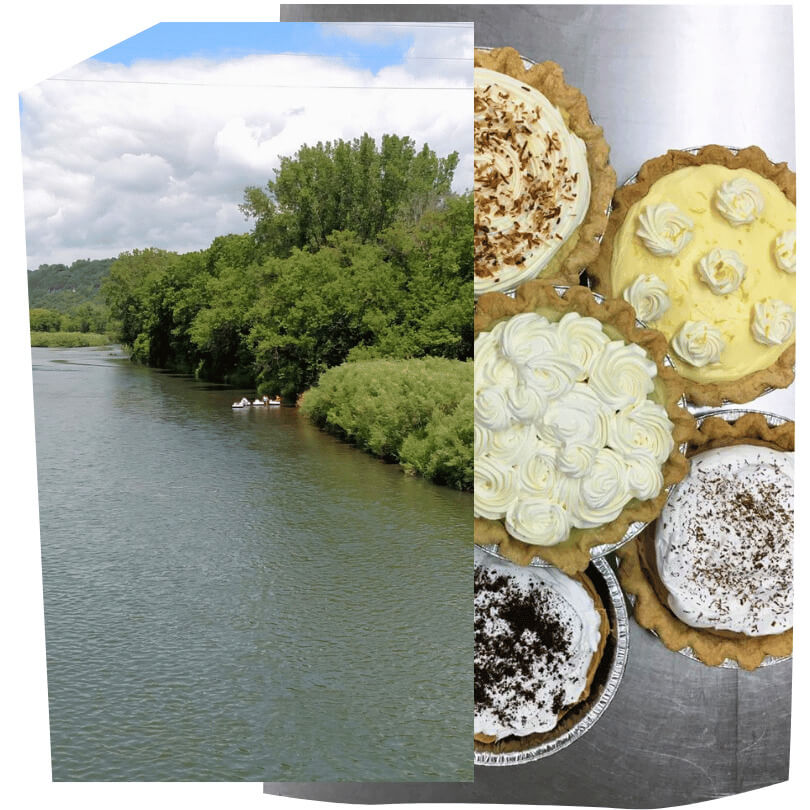 Two images showing the Root River and pie from Aroma Pie Shoppe in Whalan, MN