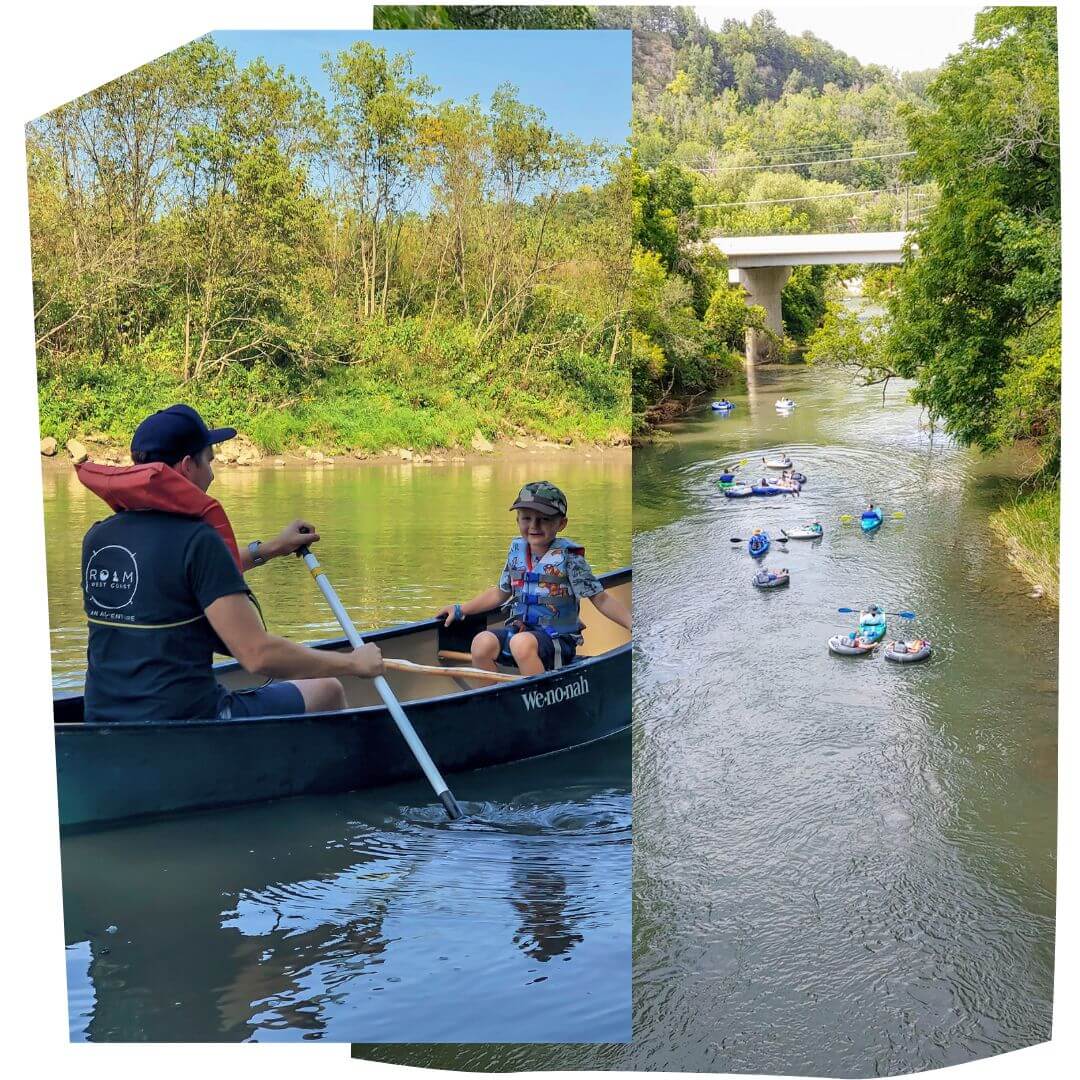 Two images showing people recreating on the Root River