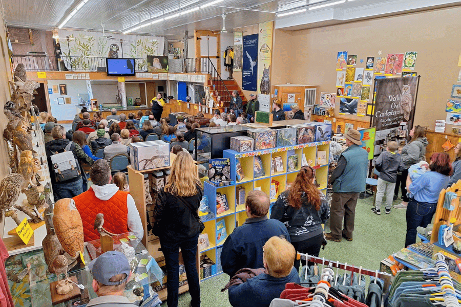 An interior view of the International Owl Center during a live owl program