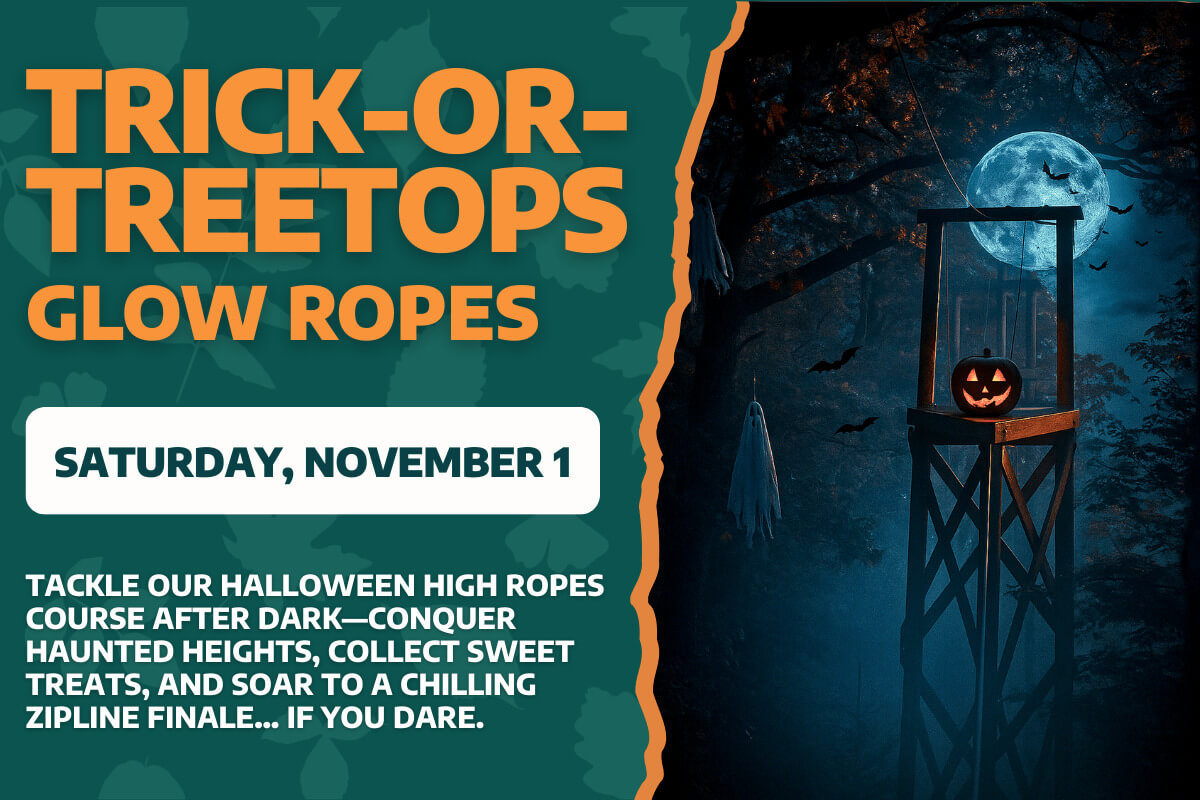 Promotional graphic for Eagle Bluff’s Trick-or-Treetops Glow Ropes event in Lanesboro on Saturday, November 1, featuring a jack-o’-lantern on a high ropes tower, bats flying across a full moon, and ghost decorations in the trees.