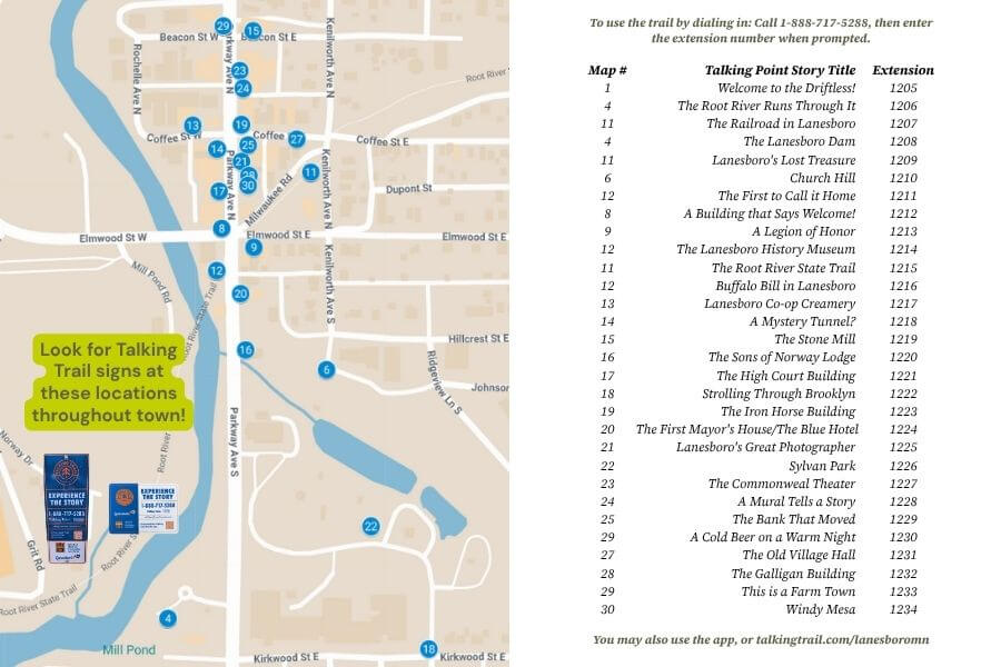 Map of Lanesboro Talking Trail stops with numbered locations and story titles, showing where visitors can find interactive signs across downtown and nearby sites.