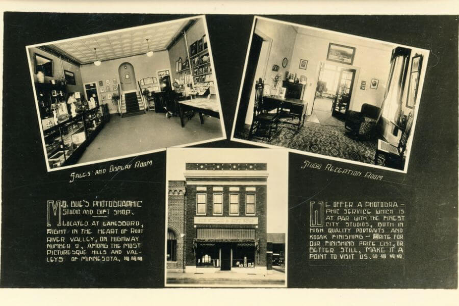 Vintage advertisement showing interior and exterior views of M.O. Bue’s Photographic Studio and Gift Shop in Lanesboro, Minnesota, including the sales room, reception room, and the building’s storefront.