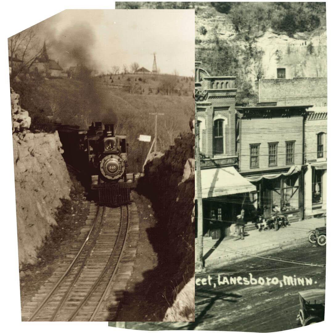 Historic collage showing a steam locomotive on the railroad tracks entering Lanesboro, Minnesota, alongside an old photograph of downtown Main Street.