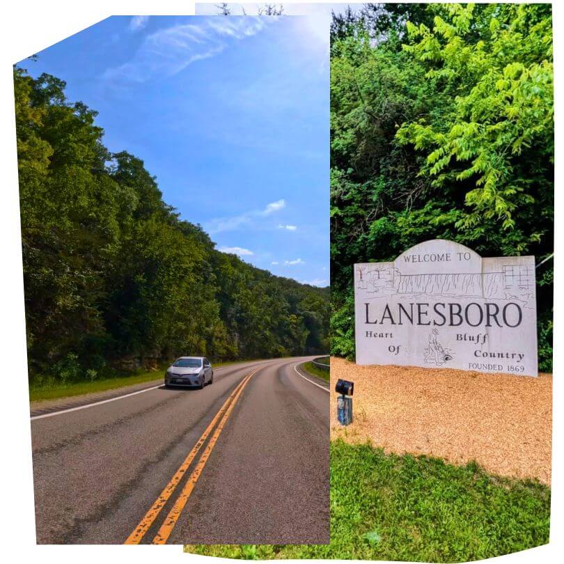 Split image showing a scenic drive along the Historic Bluff Country National Scenic Byway near Lanesboro and the stone “Welcome to Lanesboro – Heart of Bluff Country” sign surrounded by lush green trees.
