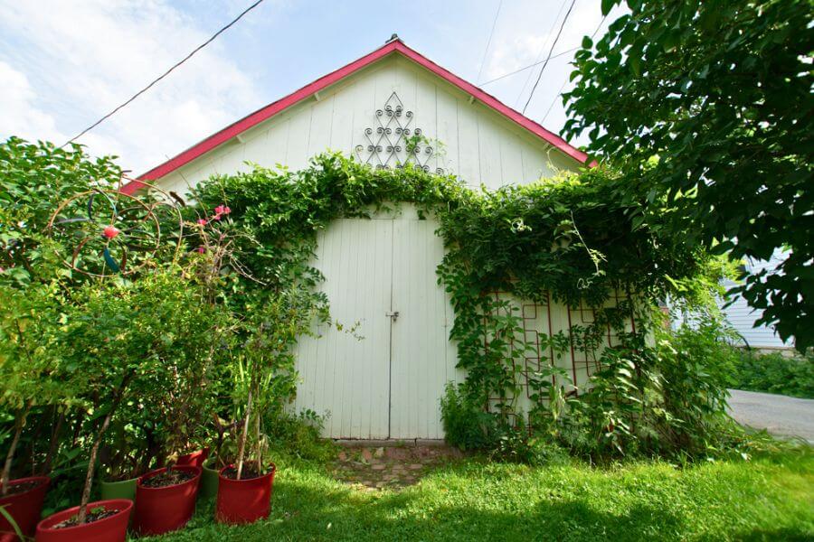 A white wooden outbuilding with a red roof and green vines climbing around the doorway, surrounded by potted plants and lush greenery at A Guest Hus Motel in Lanesboro, Minnesota. The structure serves as secure bike storage for guests exploring the Root River Trail.