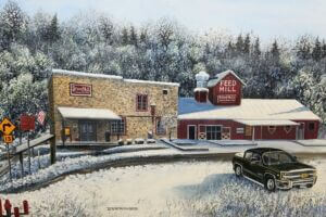 Winter painting of Stone Mill Hotel & Suites and the historic Feed Mill building in Lanesboro, Minnesota, surrounded by snow-covered trees and landscape, with a black pickup truck parked in the foreground.