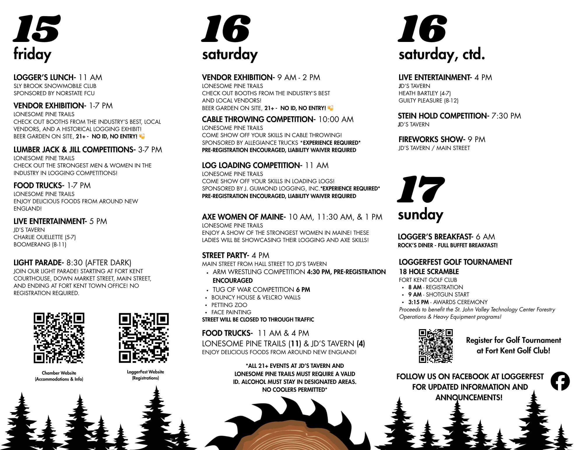 Logger Fest 2026 three-day event schedule showing activities for Friday May 15, Saturday May 16, and Sunday May 17 in Fort Kent, Maine