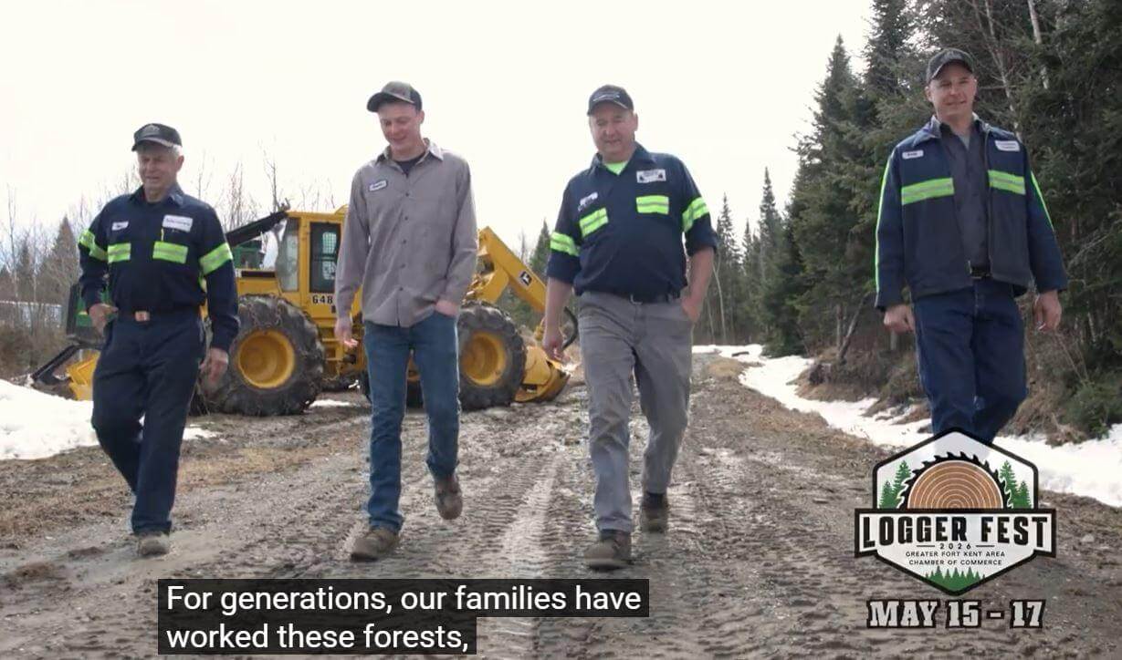 Vernon, Greyden, Bennett and Marty Pelletier of Syl-Ver Logging walking a logging road in Allagash Maine during filming of the Loggerfest 2026 commercial for WAGM-TV