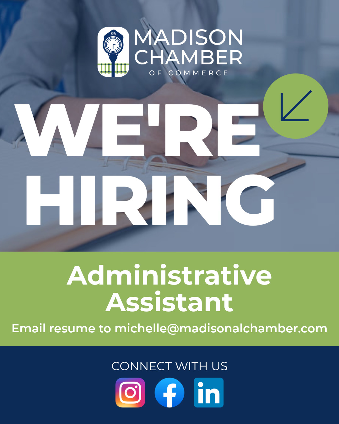 Image with a blue background and white text that says "We're hiring for an Administrative Assistant"