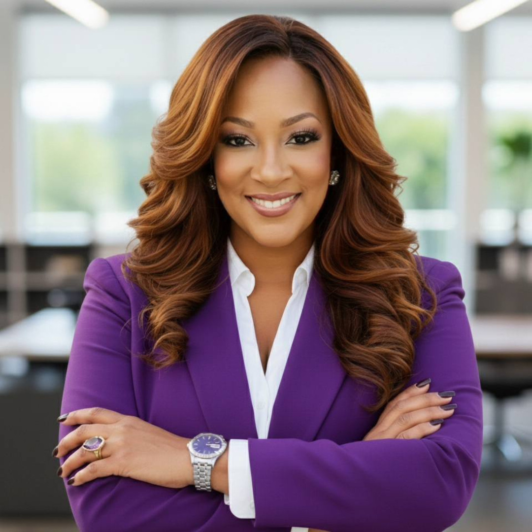 woman in purple suit and brown hair smiling with her arms crossed against an office setting background