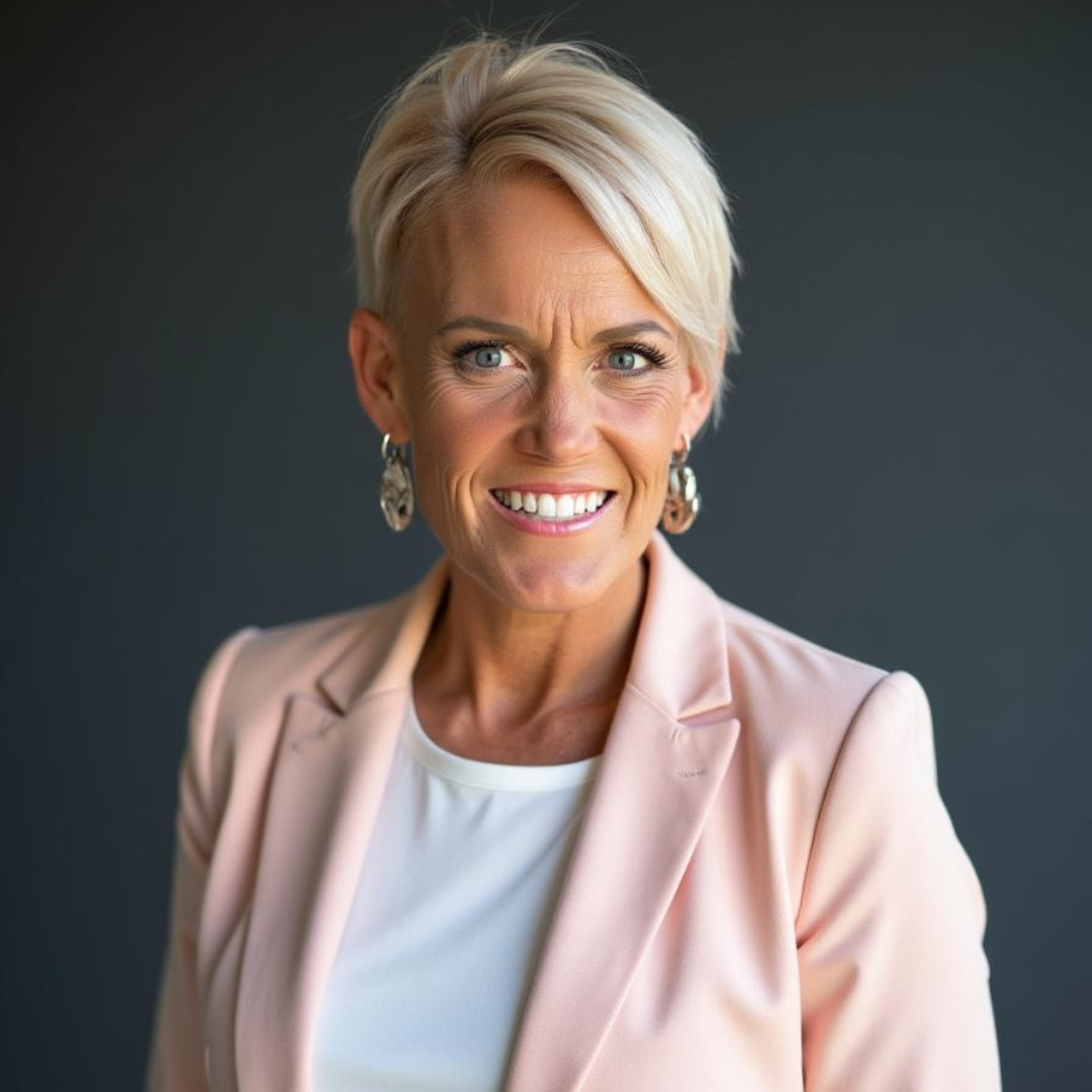 Liz Tennyson Woman in light pink blazer and white shirt with blonde hair smiling against a dark gray background