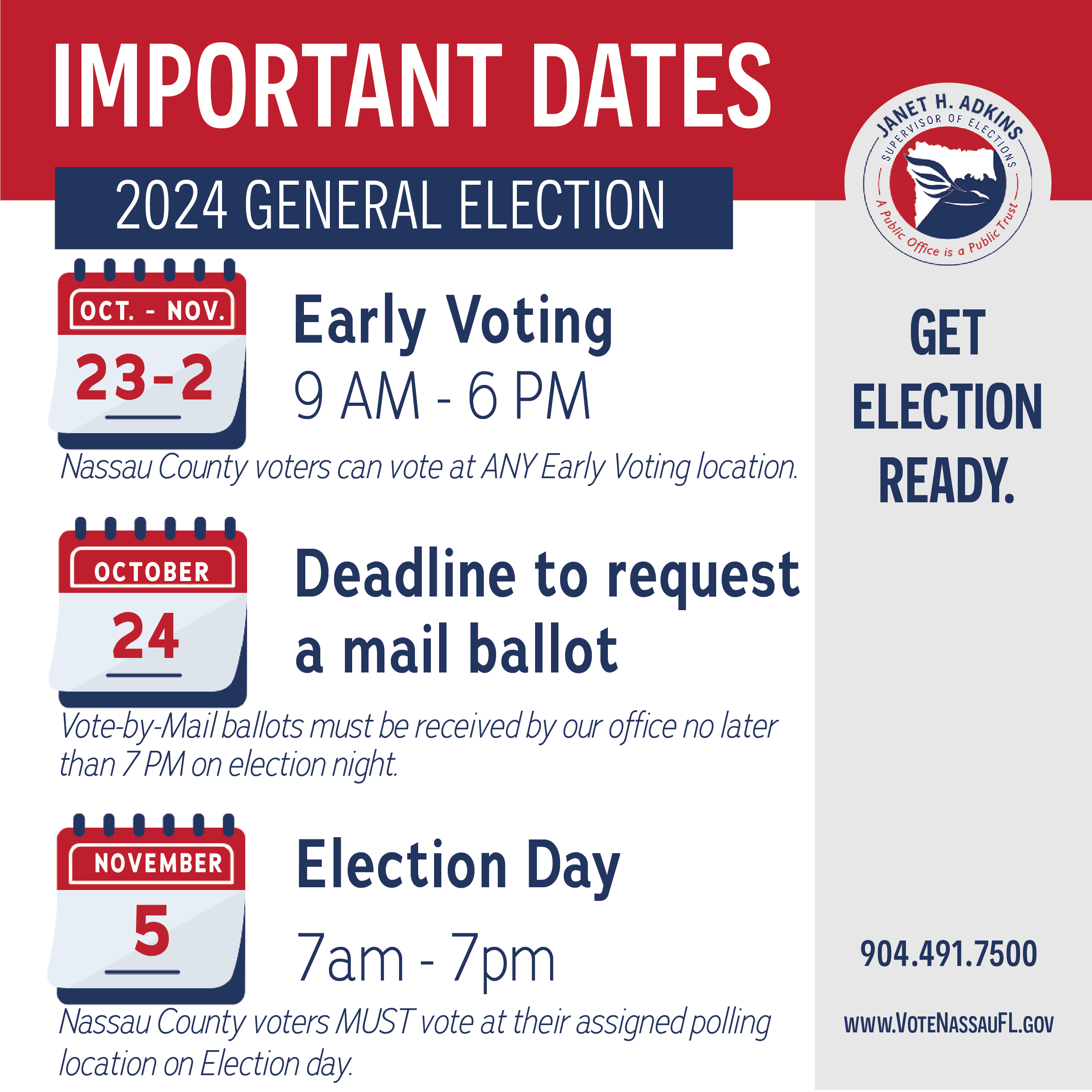 Nassau County Supervisor of Elections 2024 General Election Important Dates