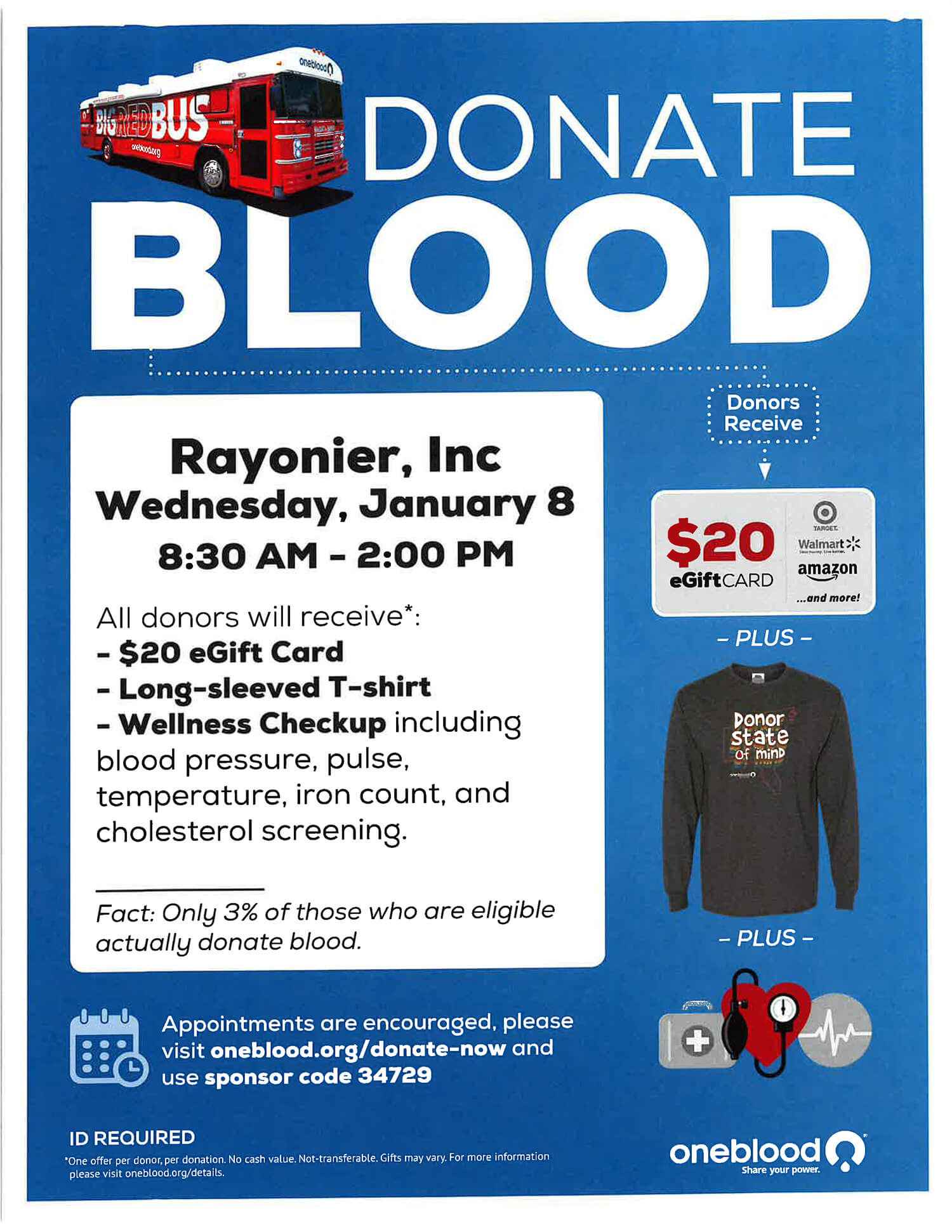 OneBlood Blood Drive at Rayonier Wednesday January 8th