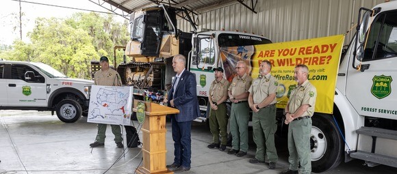 Commissioner Wilton Simpson and Florida Forest Service leadership provide an update on Florida's wildfire conditions from Dover, Fla., April 7, 2026.