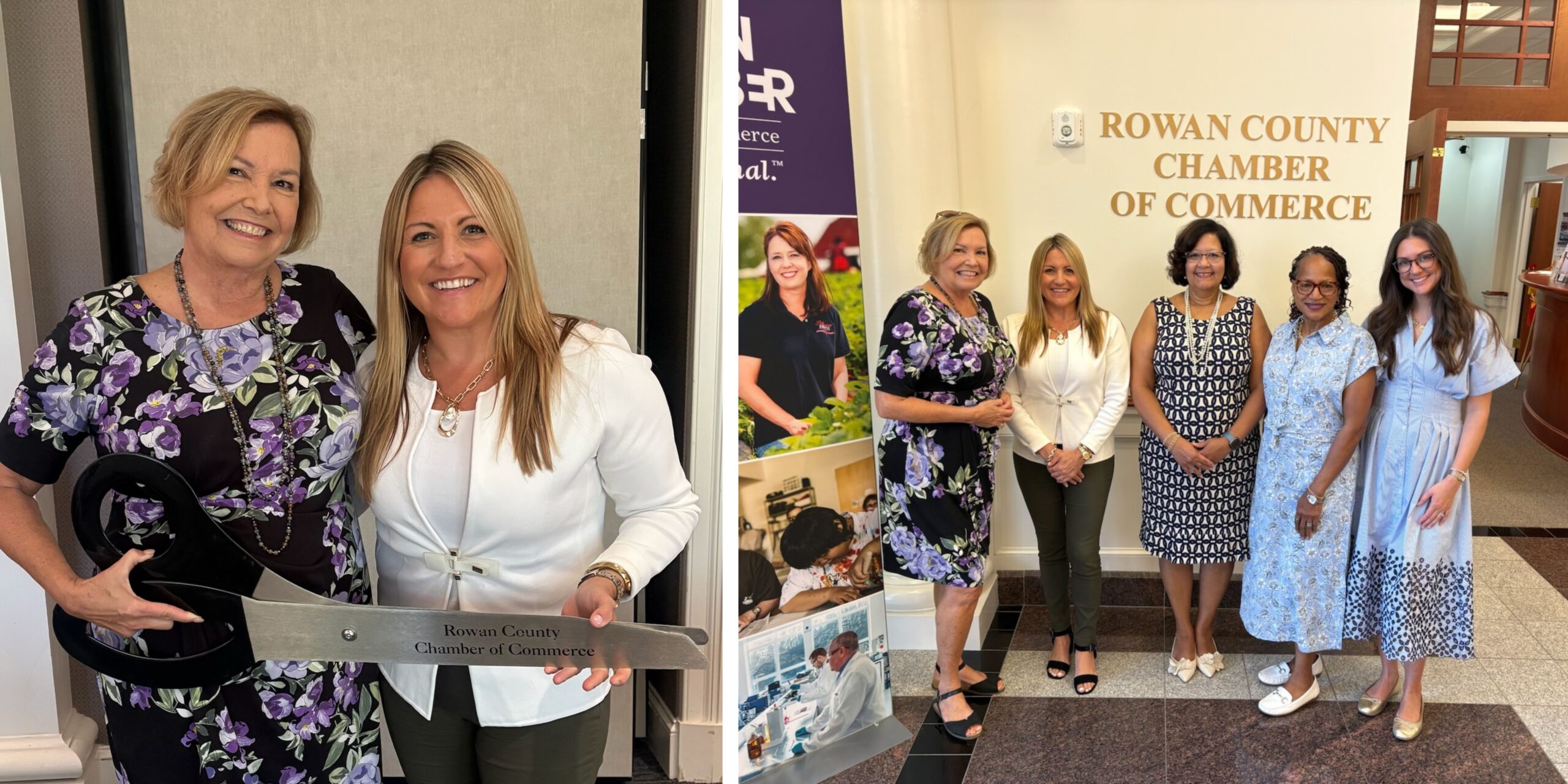 (Left Photo: Former President, Elaine Spalding, passes Chamber scissors to Dr. Christine Lynn. |  Right Photo: Pictured, from left to right: Elaine Spalding, Dr. Christine Lynn, Carol Lewis, Tina Jamison Cowan, and Sydney Murphy.)