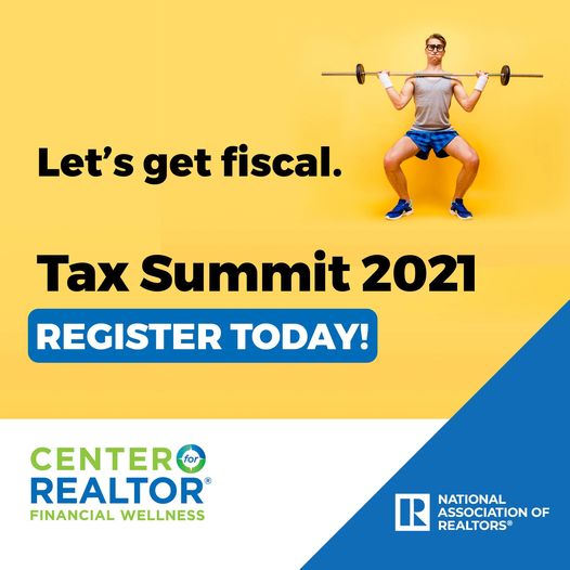 Image of man weight lifting and register button to sign up for NAR tax summit 2021