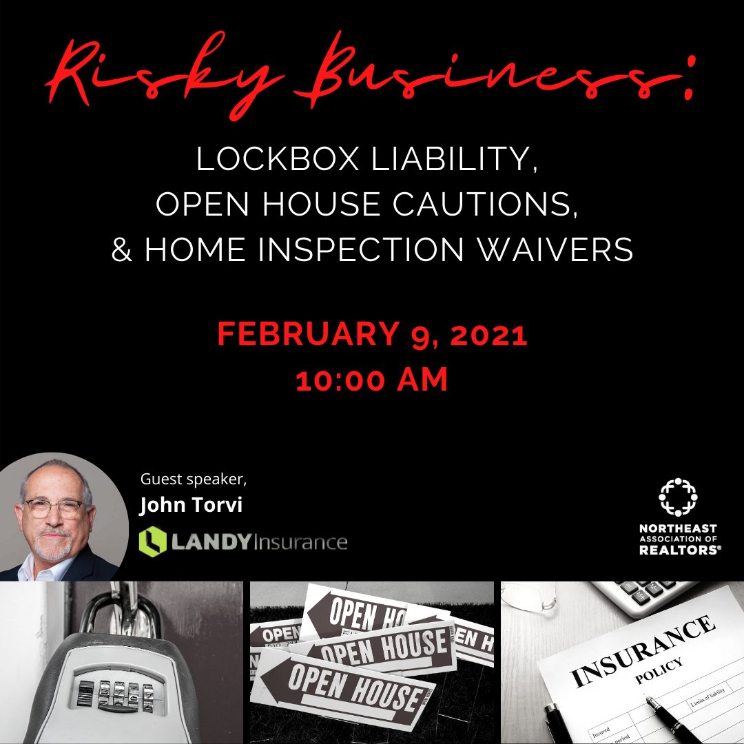 Risky Business Text with Images of Speaker John Torvi, a lock box, Open House Signs, and Insurance document
