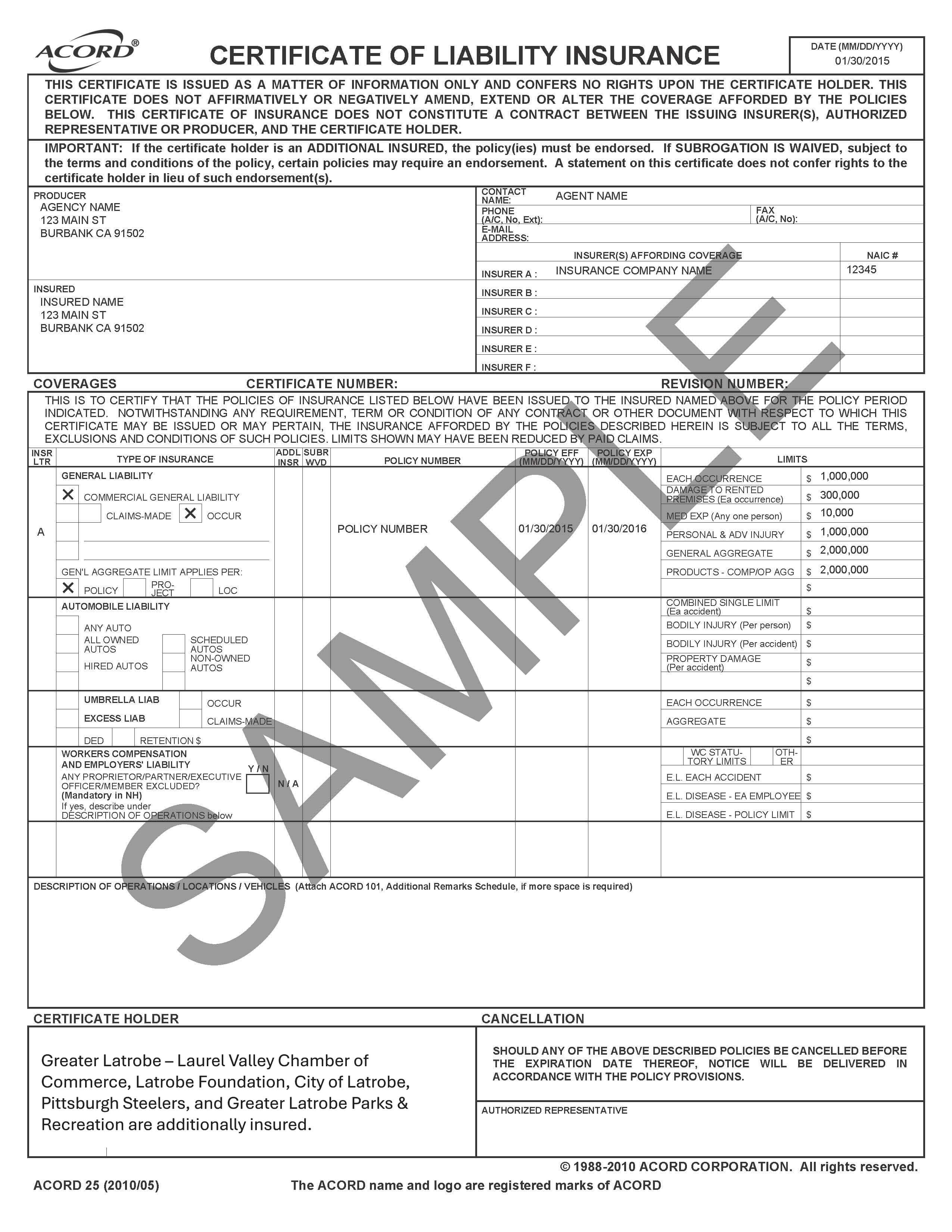 Certificate of Insurance -Sample Form