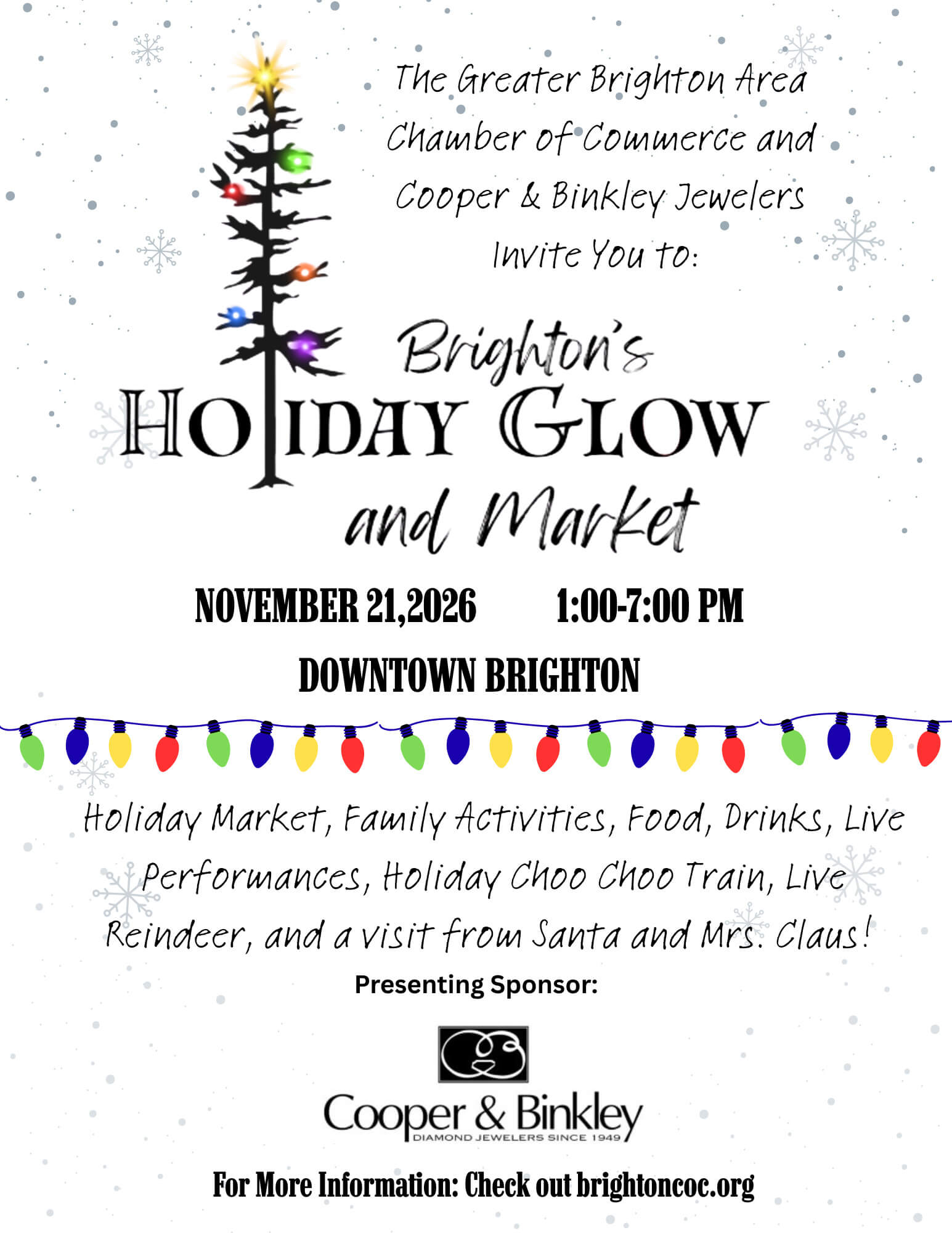 Holiday Glow flyer with a lit tree and holiday lights that includes the details for the event on November 21.