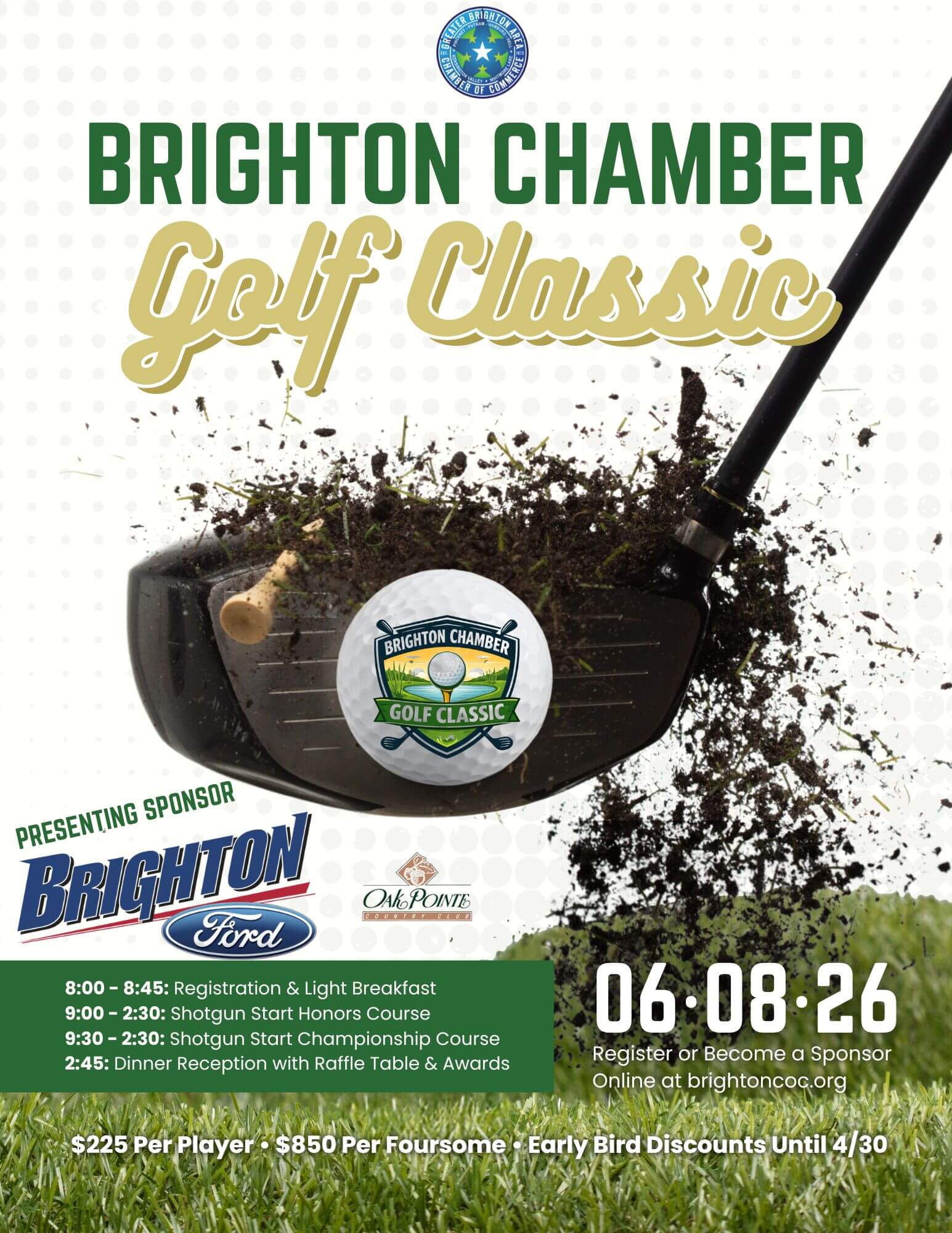Golf flyer with driver hitting a golf ball and dirt flying all over.