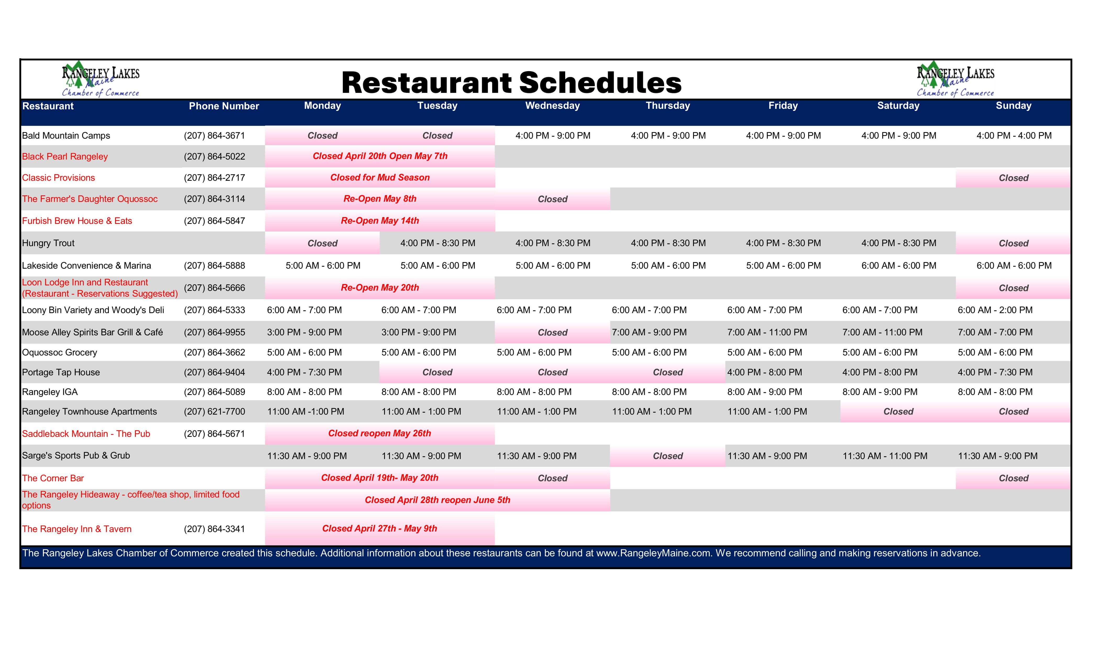 AprilResturant1 Schedules