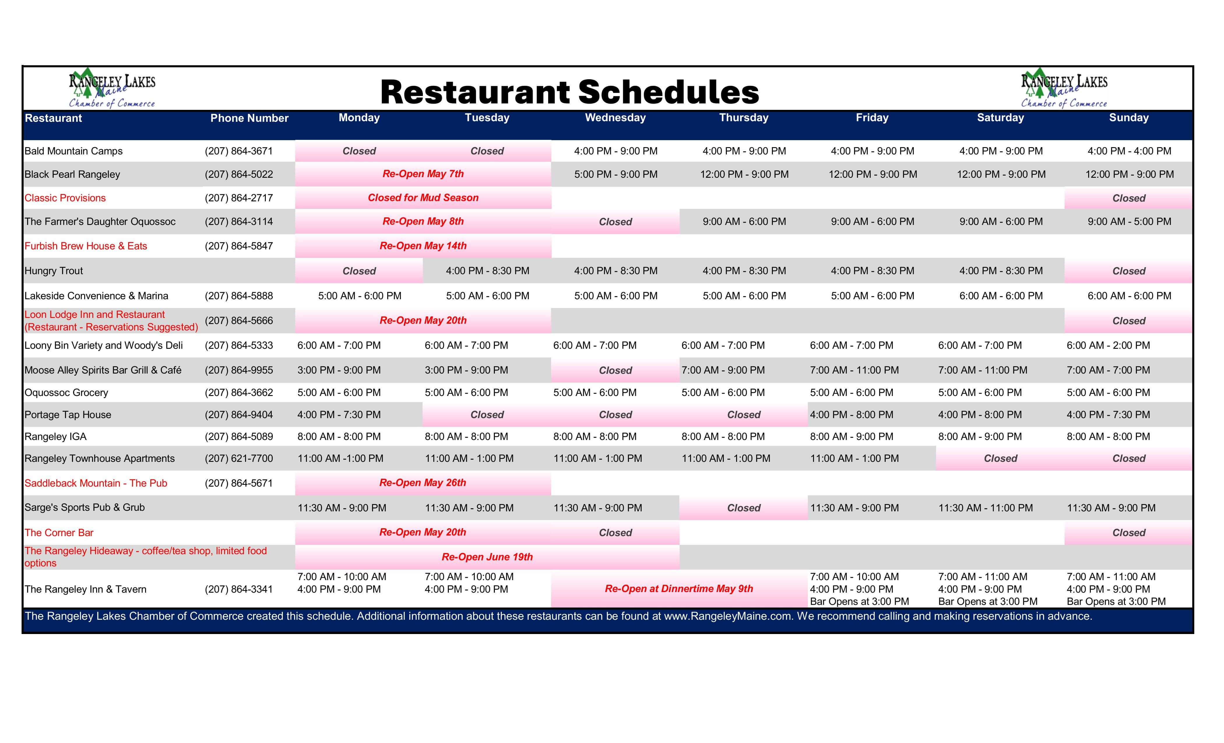 MayResturant Schedules