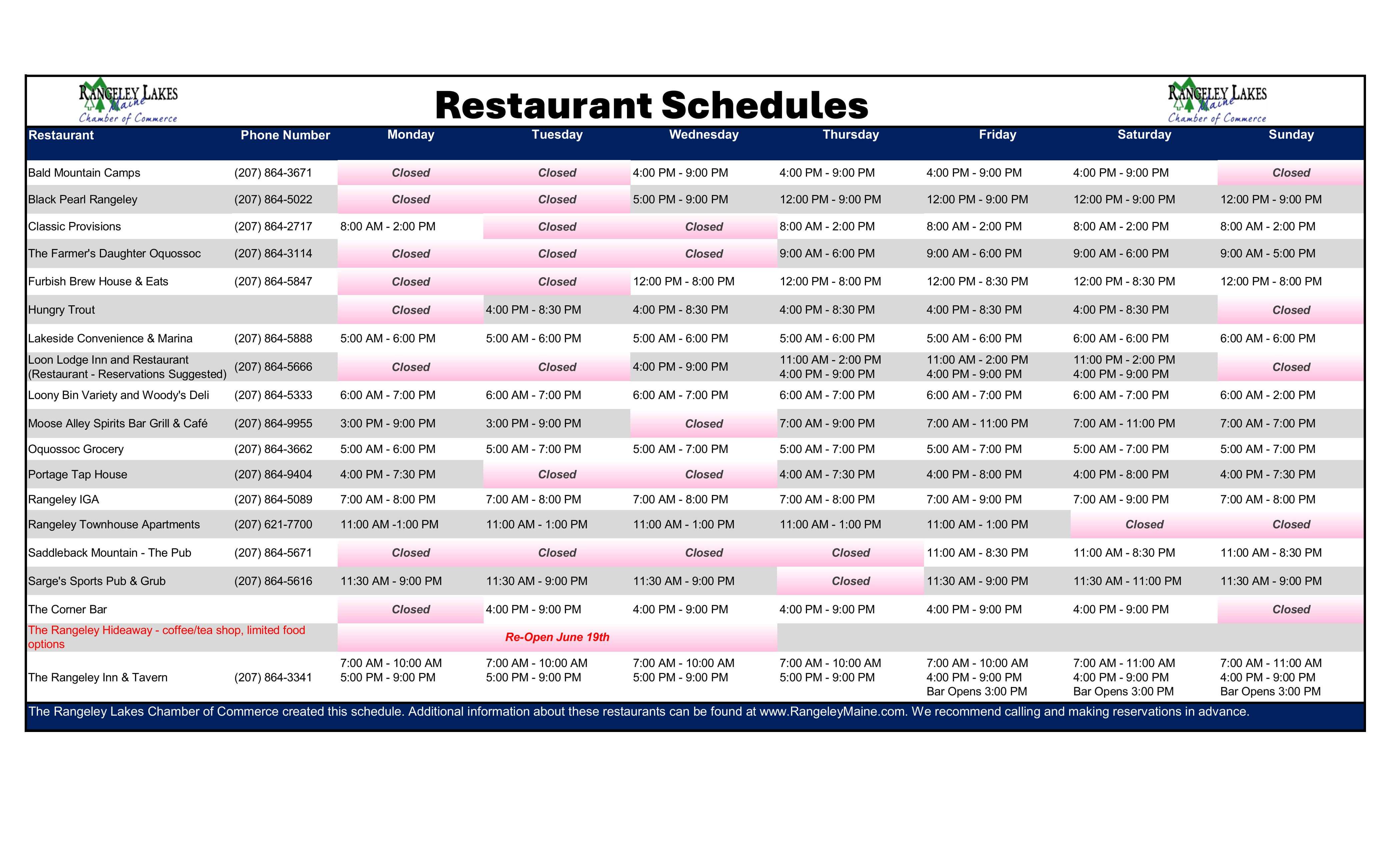 JuneResturant Schedules