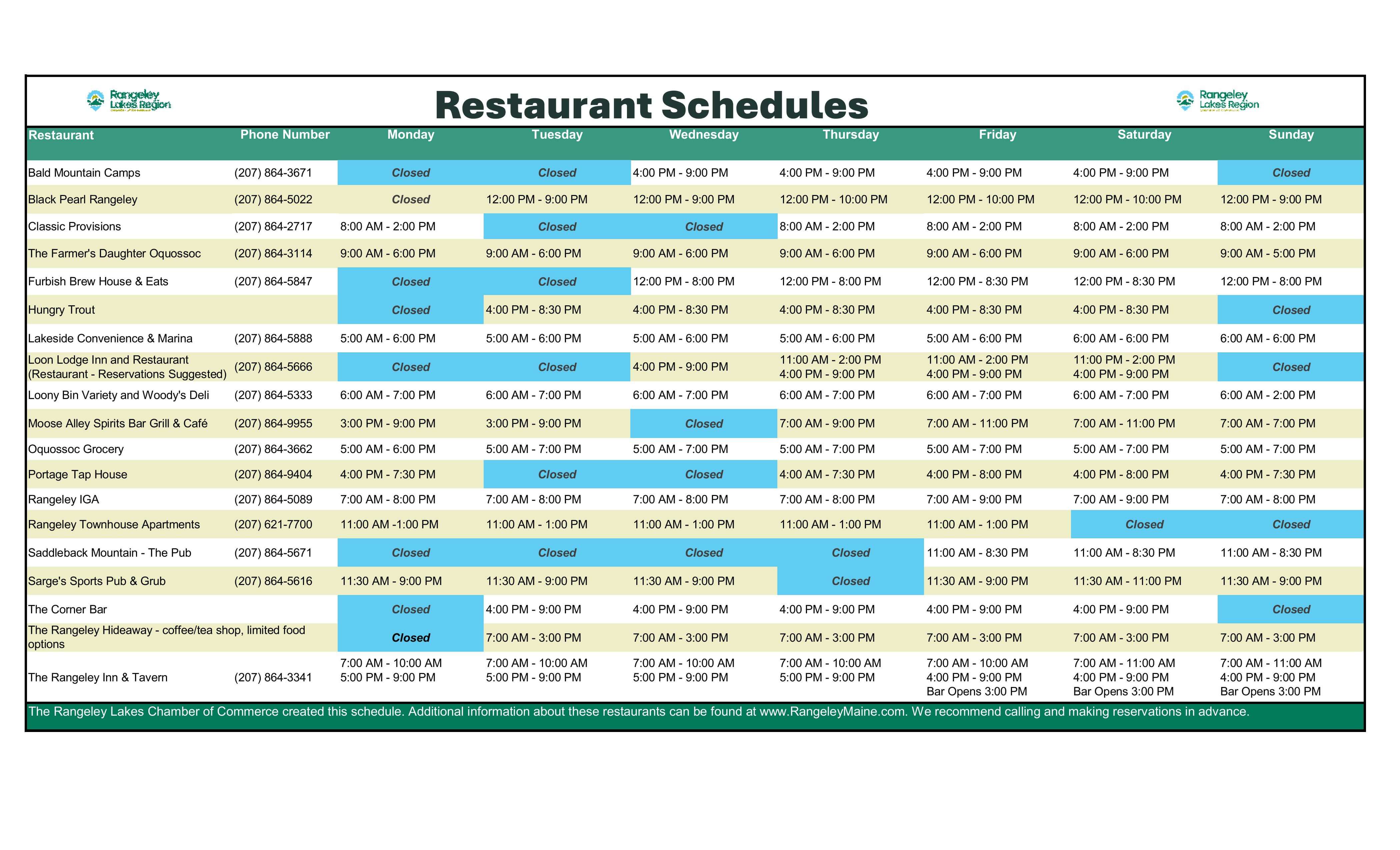 JulyResturant Schedules