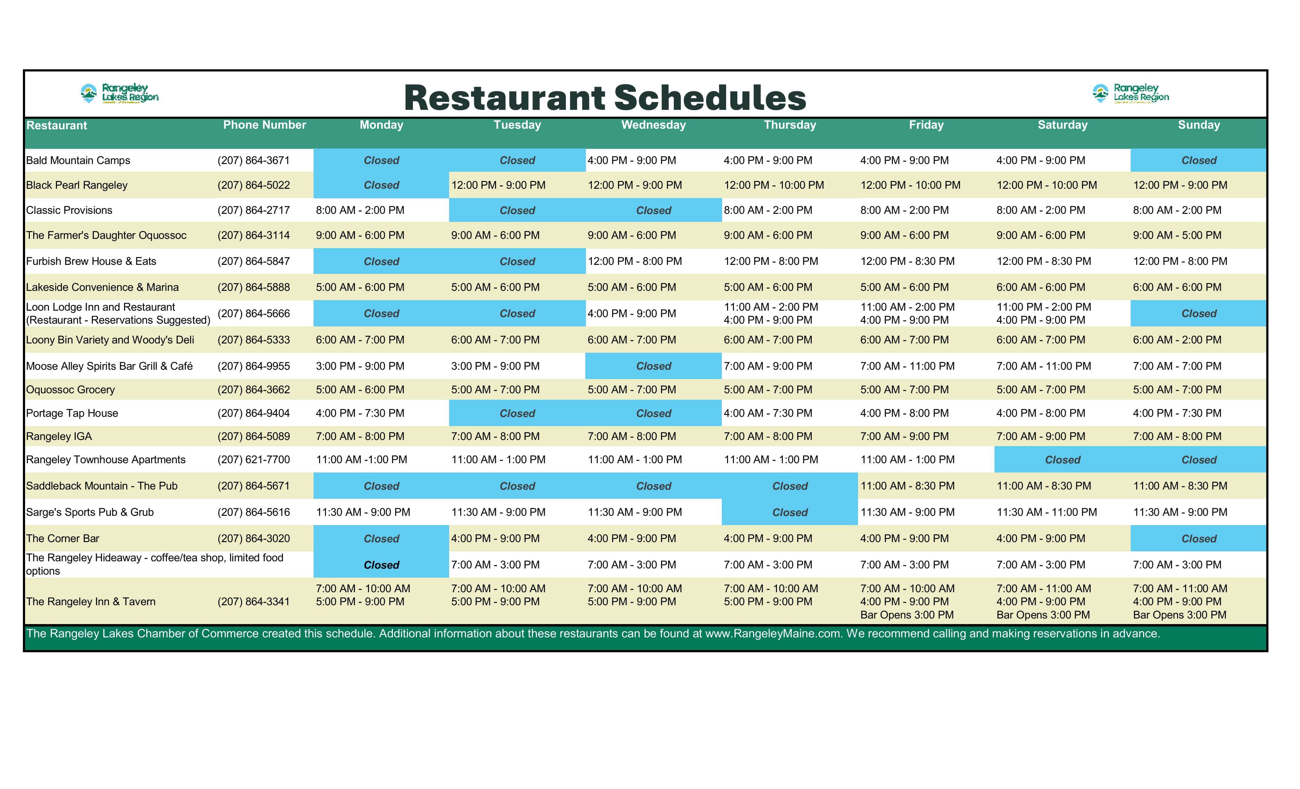 AugResturant Schedules