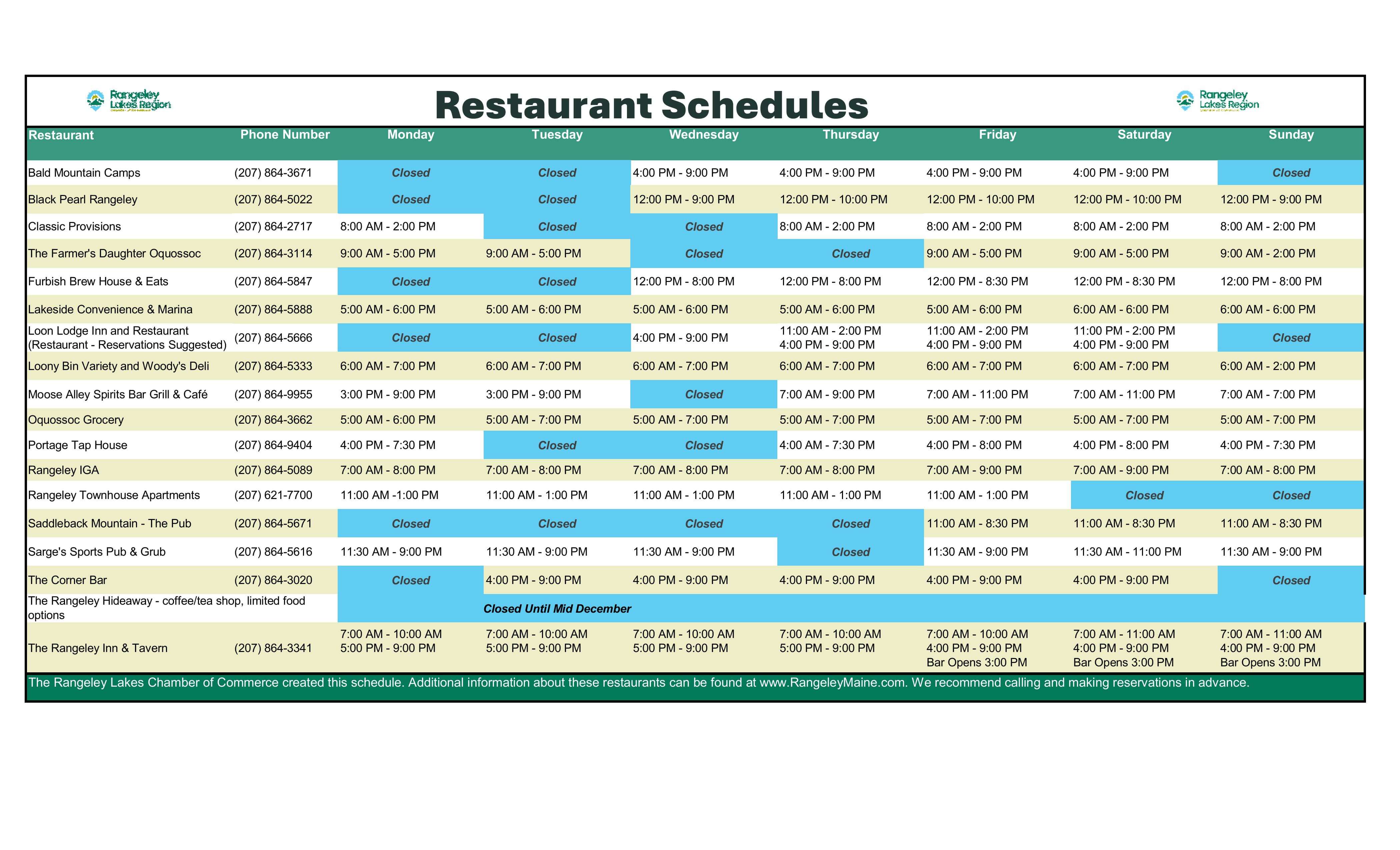 SeptResturant Schedules