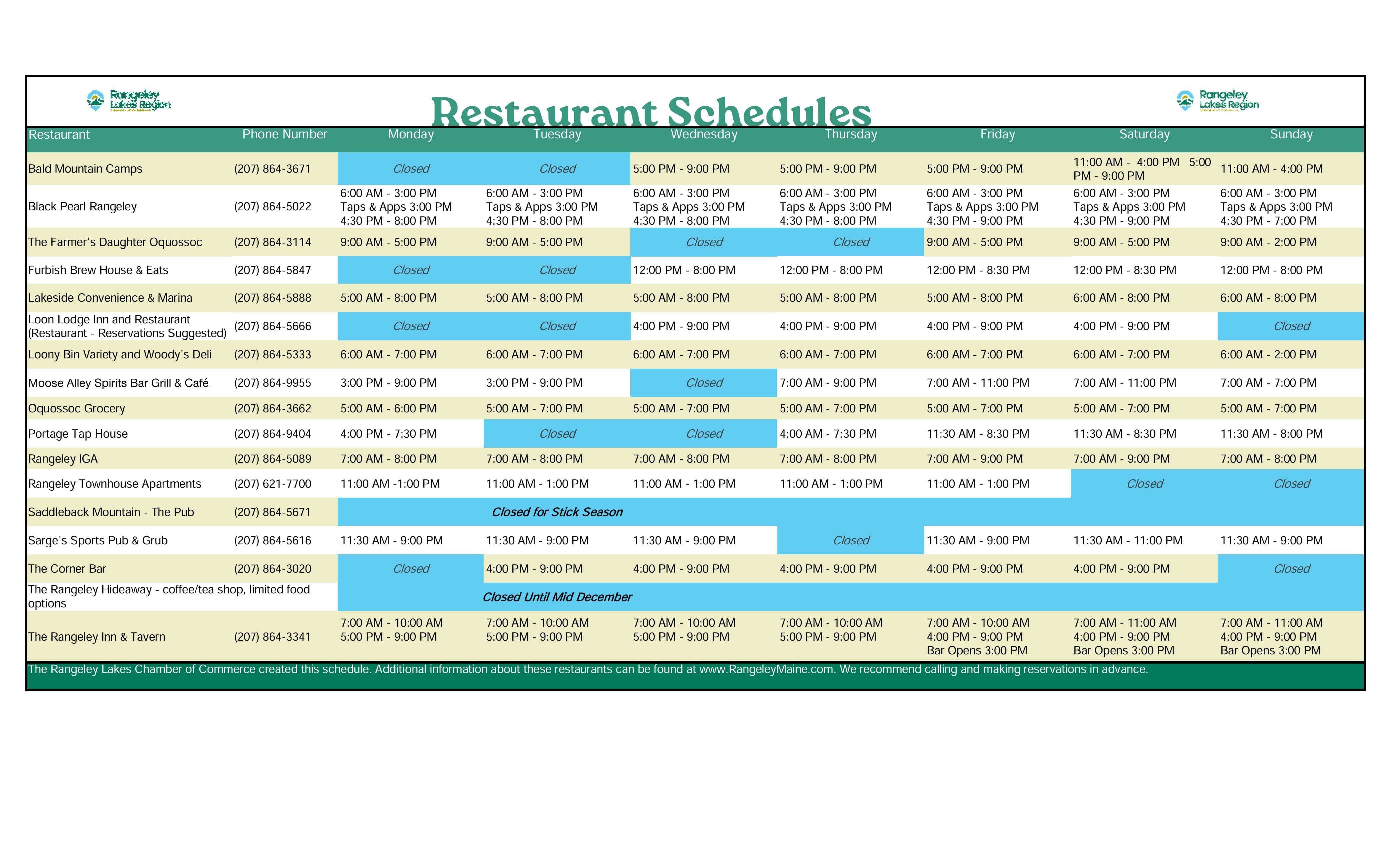 Nov.Resturant Schedules