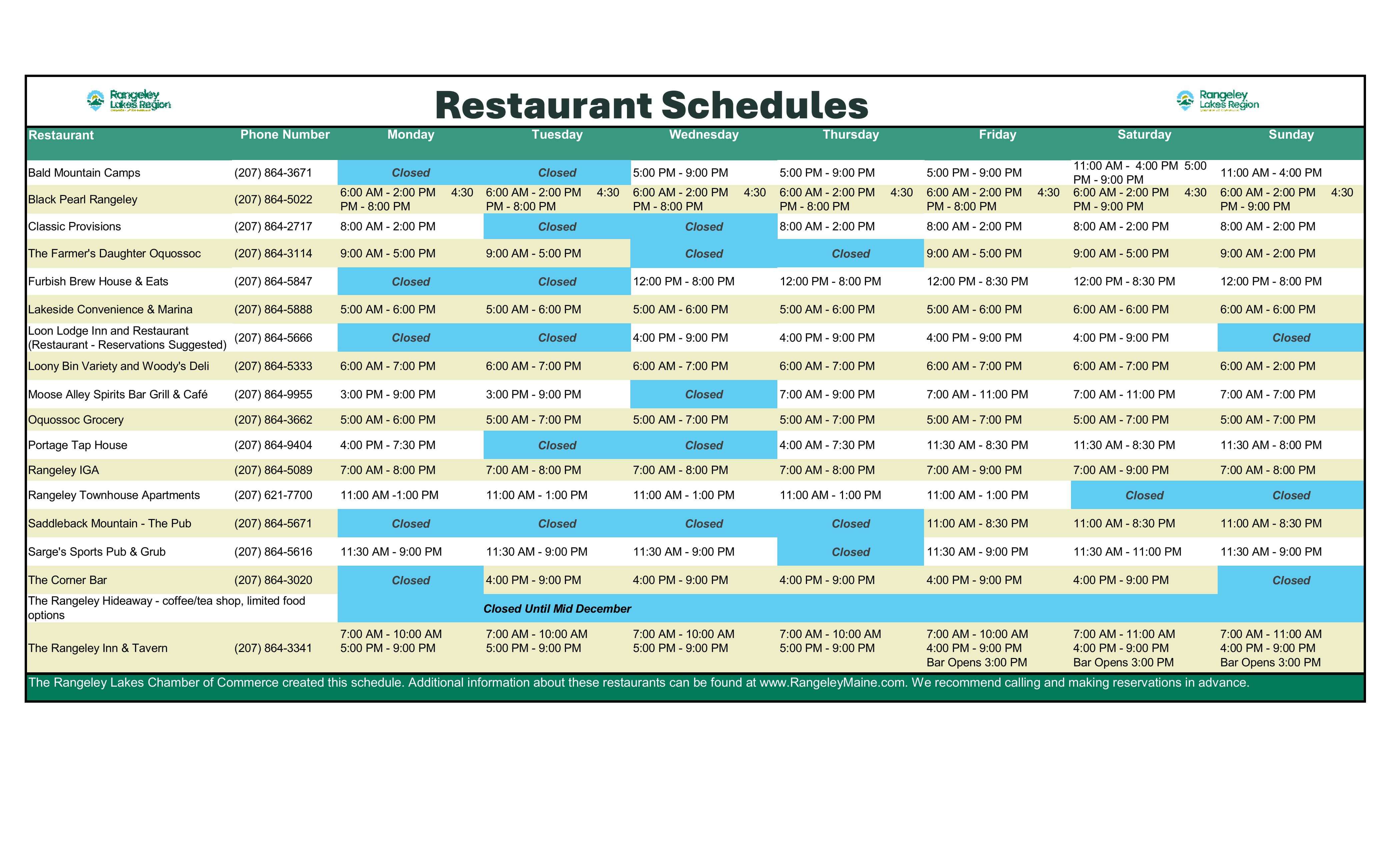 OCT.Resturant Schedules