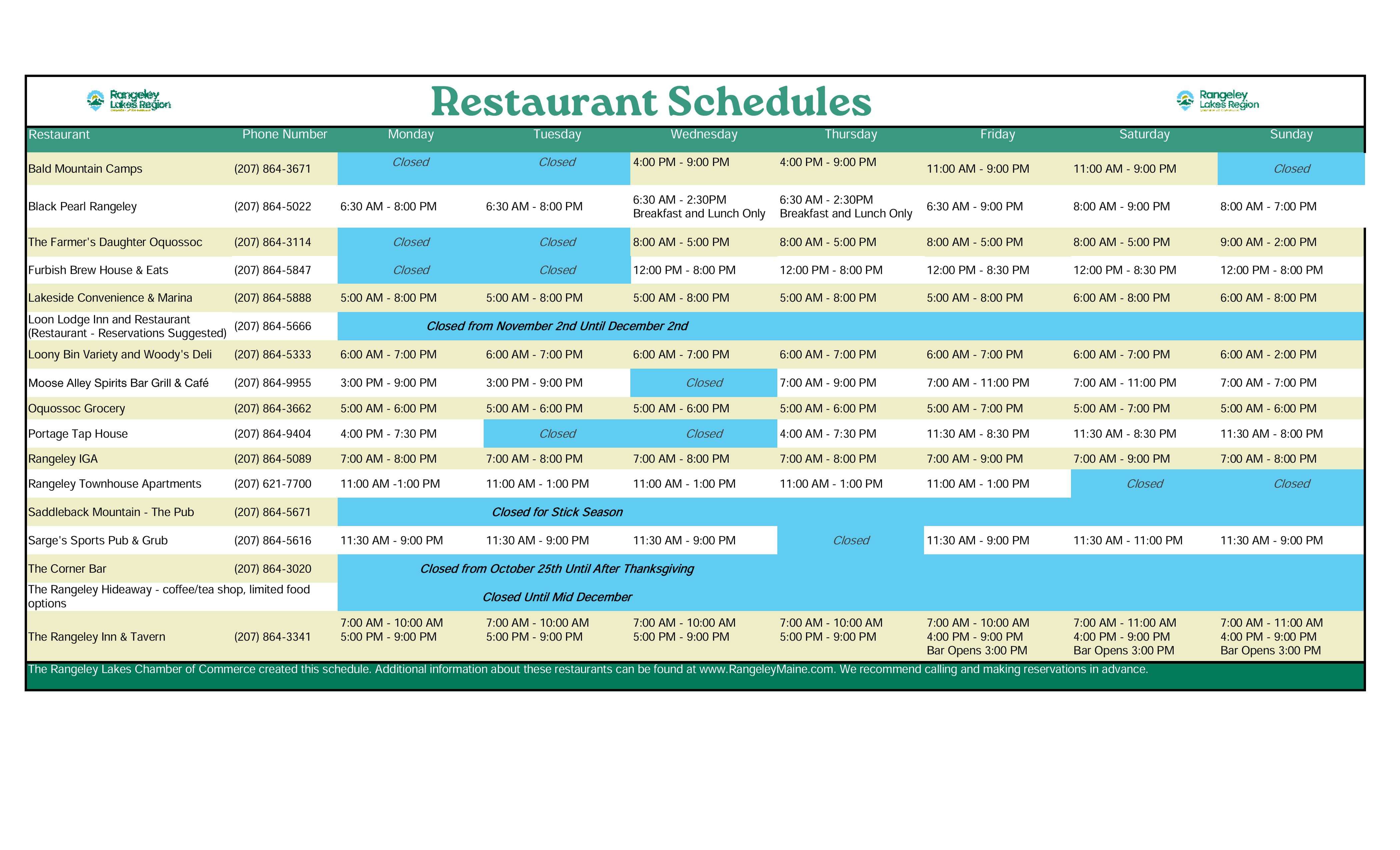 Nov.Resturant Schedules