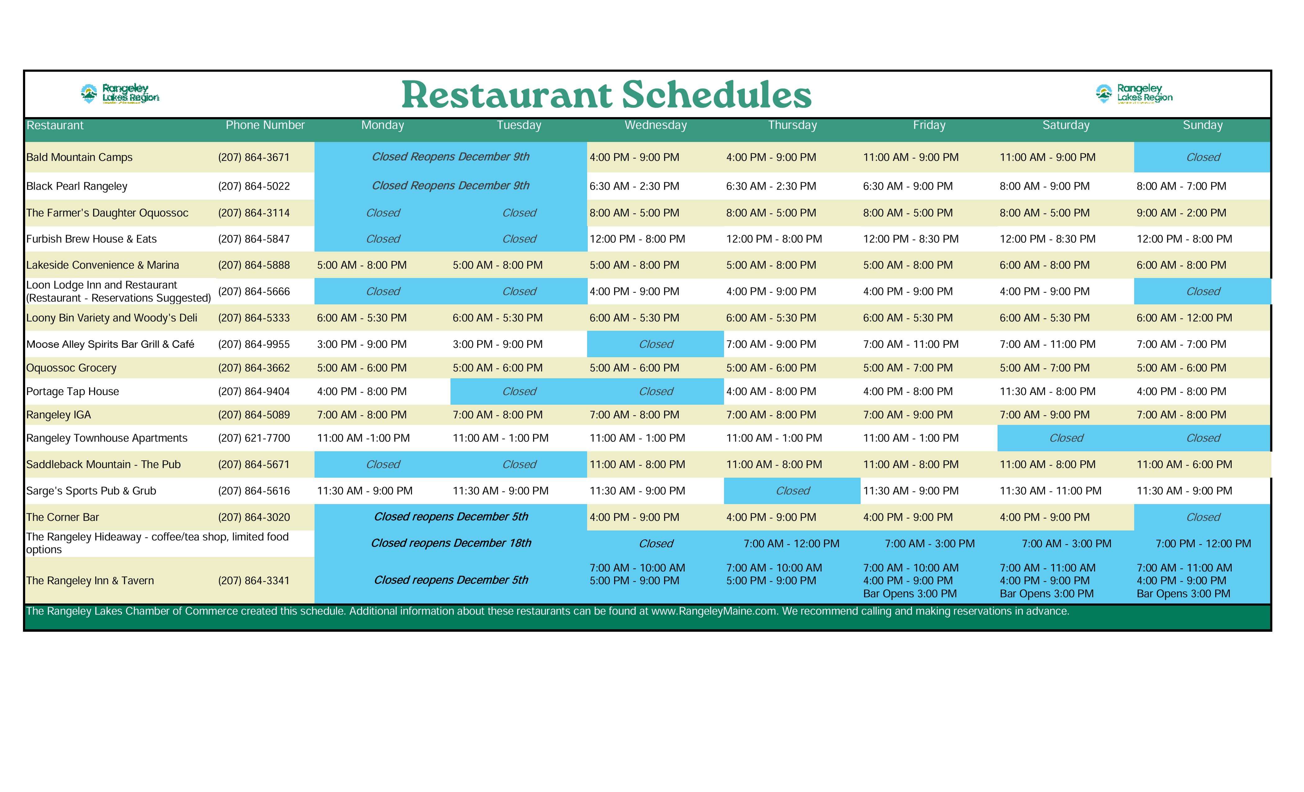 Dec.Resturant Schedules